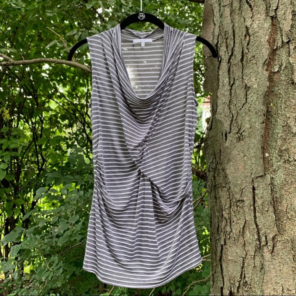 Mystree  Sleeveless twist front cowl neck top
Size: Small Gray & white stripes